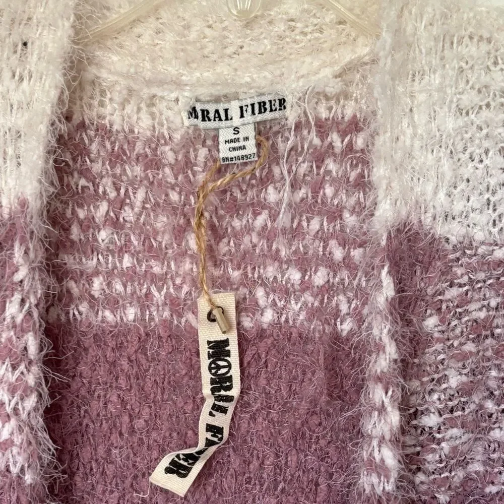 Moral Fiber NWT Fuzzy Striped Open Front Cardigan Purple White Size S